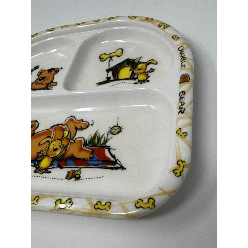Vintage Melamine Ware Divided Children's Plate Double Bear 9.5